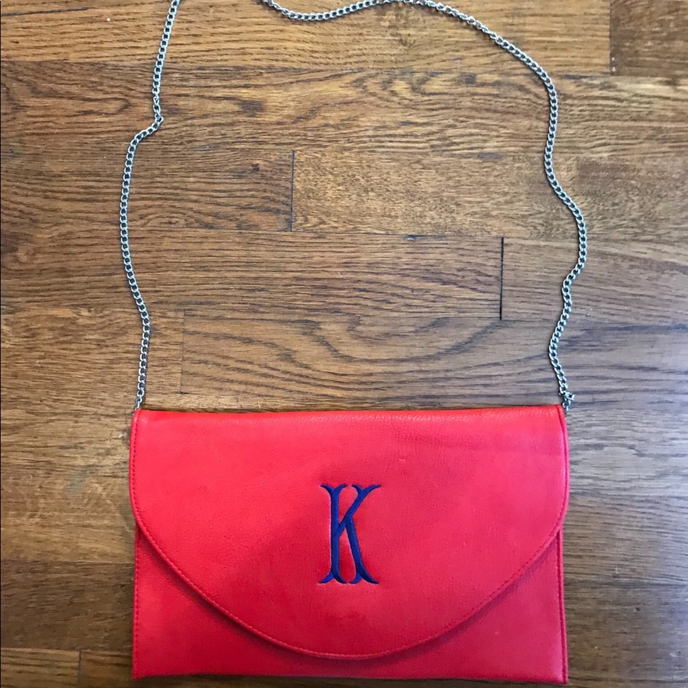 NWOT Red Handbag with Blue Monogrammed K.